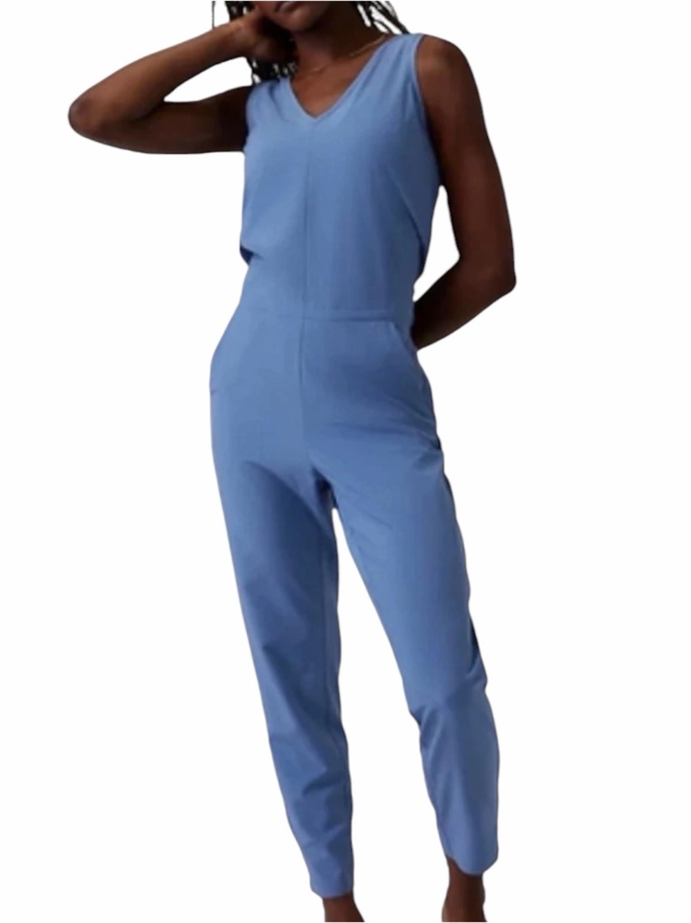Athleta Brooklyn Jumpsuit Size 8 Blue V Neck Stretch Travel Pants